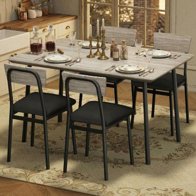 4-Piece Rustic Dining Table Set for 4 People, Beveled Edge Wood Tabletop with Matching Upholstered Dining Chairs, Space Efficient Furniture for Small Kitchen & Apartment – Gray PVC Finish