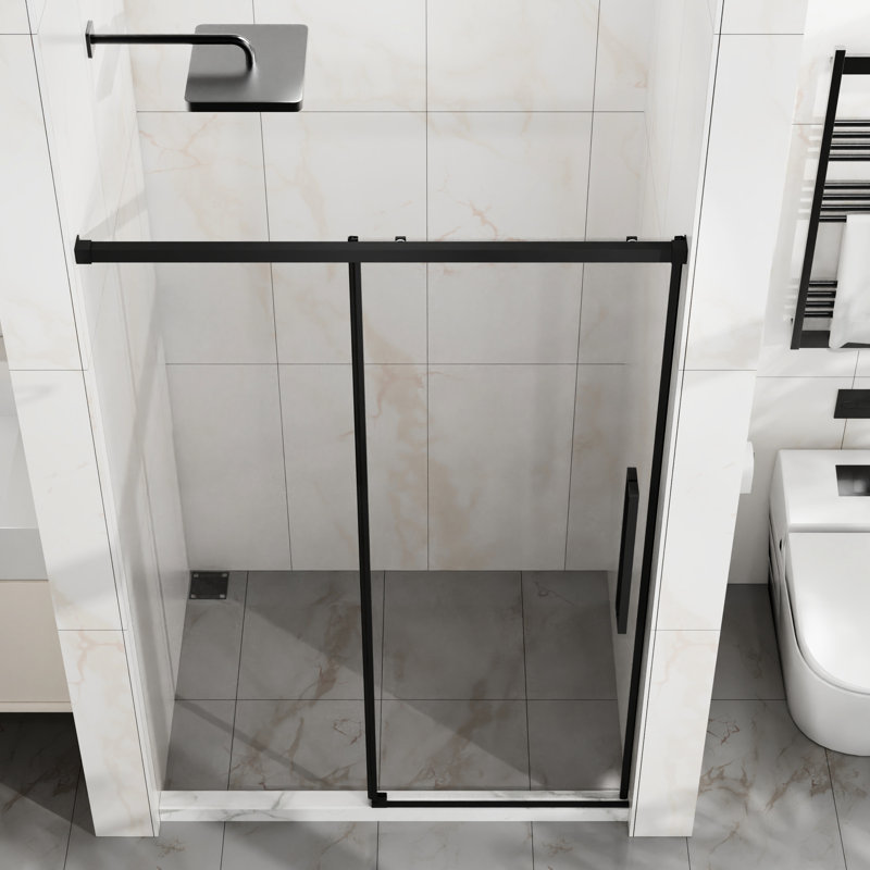 48" - 72" Semi- Sliding Shower Door, 6mm Thick Tempered Clear Glass, Easy Coating, Matte Black Stainless Steel, Reversible Opening, Waterproof Splash, Smooth Slide For Bathroom Glass Modern Steel