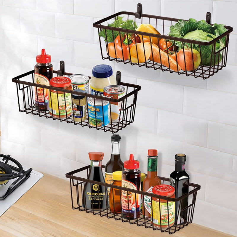 Paquet de 4 paniers en métal de style campagnard avec support mural, paniers muraux suspendus portables pour rangement rustique