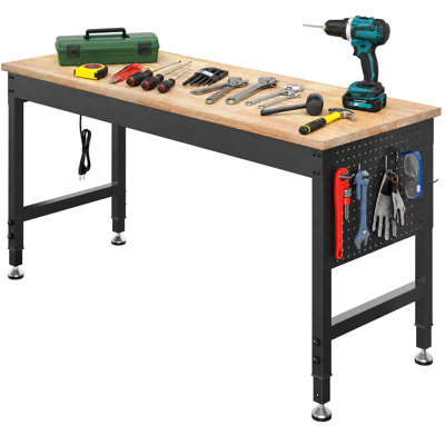  60" Adjustable Heavy Duty Workbench, 2000 Lbs Load Capacity Rubber Wood Work Table With Pegboard, Power Outlets, Work Bench For Garage, Workshop, Office, Home, Commercial