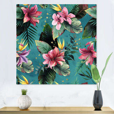 «Pink Tropical Flowers On Teal», reproduction d'art sur toile traditionnelle