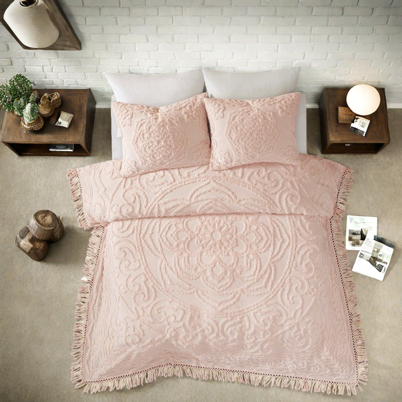 Ensemble de literie en chenille de coton touffeté de qualité supérieure, rosé double / grand avec motif à franges