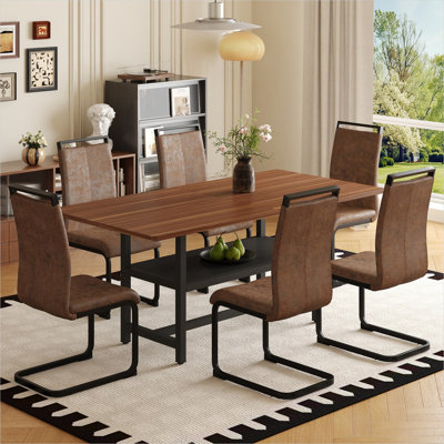 Walnut Brown MDF Dining Table Set for 6 with Fabric Chairs and Metal Legs, Modern Minimalist Style