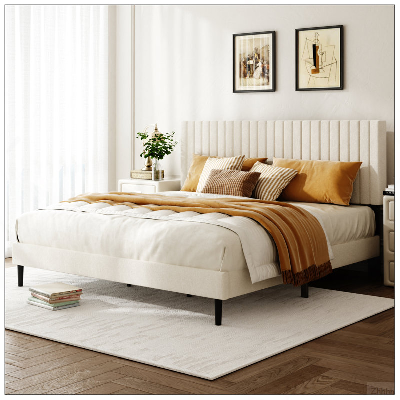 Structure de très grand lit, lit plateforme tapissier en velours avec tête de lit réglable en hauteur, structure robuste et lattes, conception silencieuse, compatible avec les matelas sans ressorts, facile à assembler, beige