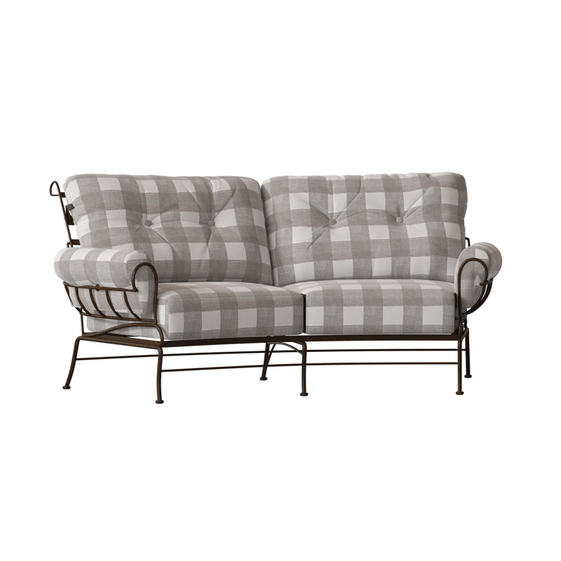 Terrace 82.5'' Wide Iron Loveseat with Cushions, Prescott Dove Check Sunbrella®, Chestnut Brown