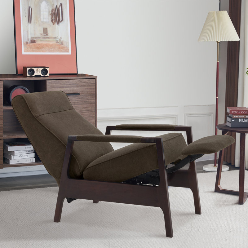 Fauteuil inclinable Latitude avec accoudoirs en bois, revêtement en mélange de lin, Tissu brun