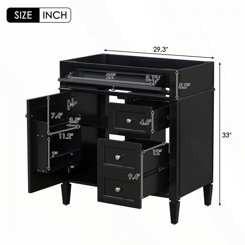 Meuble-lavabo de 30 po sans lavabo supérieur, Noir, Argent argent