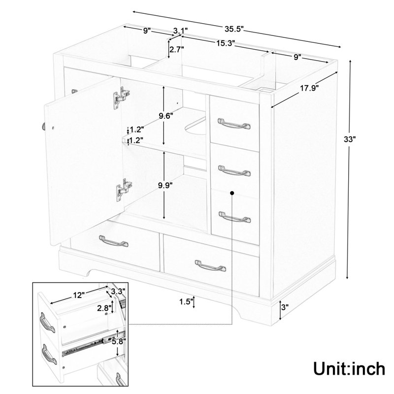 35.5'' Single Bathroom Vanity Base Only, Gray