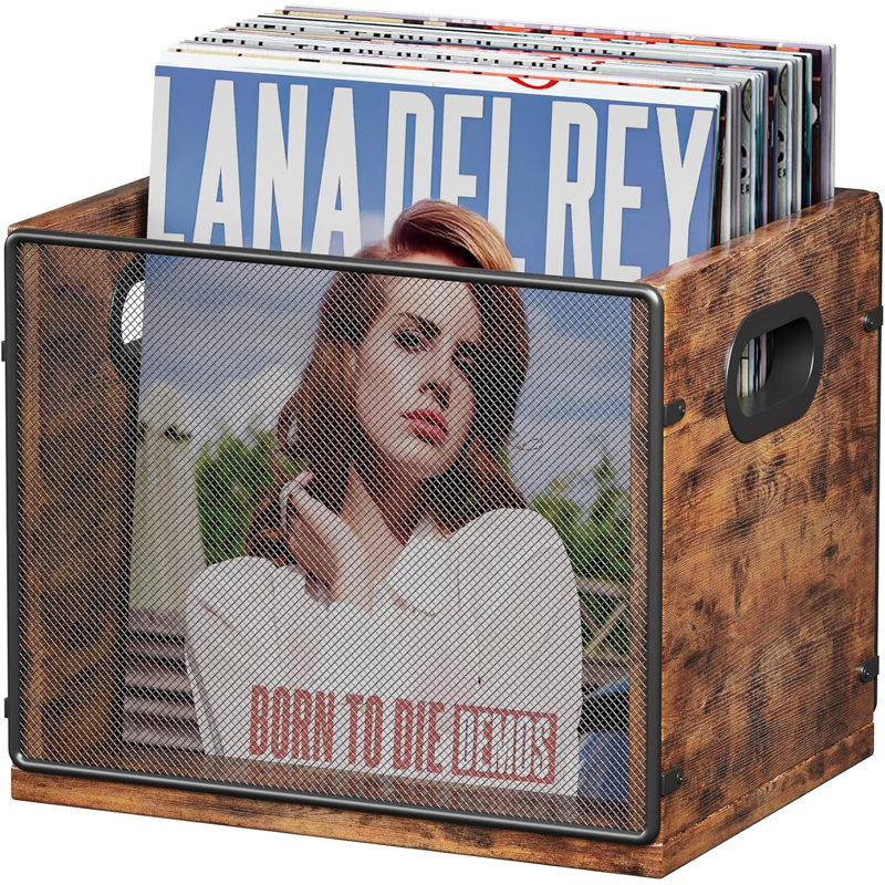  Wooden & Metal Record Crate - Vinyl Album Holder & Organizer, Holds Up to 60 Records