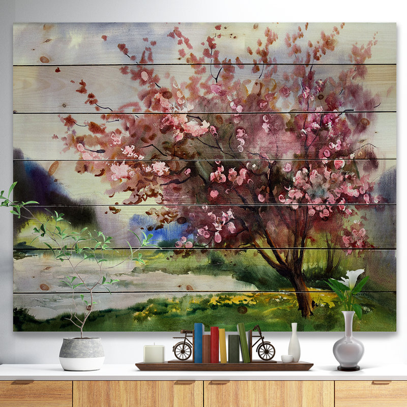 Arbre avec fleurs printanières - reproduction d'art, H 30 po x l 40 po x P 1,5 po, Bois