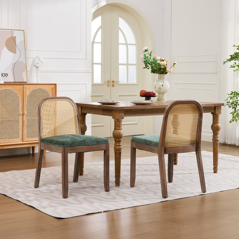 Havenly Upholstered Wood Dining Chairs with Curved Arched Cane Back Support, Olive Green+Brown