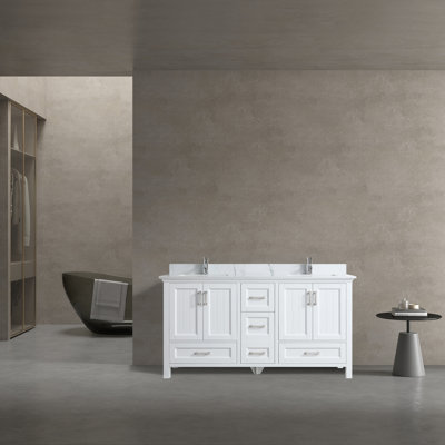 Powell 72 po L x 22 po P 4 portes et 4 tiroirs Meuble-lavabo autoportant avec évier double et Comptoir en Marbre de Calcutta d'ingénierie