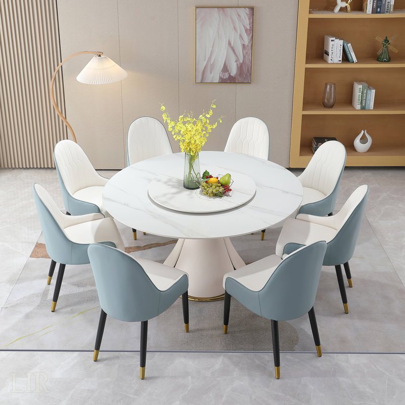 Table de salle à manger moderne en pierre artificielle avec plateau tournant rond et 8 chaises exquises, parfaite pour les grandes familles et les invités.