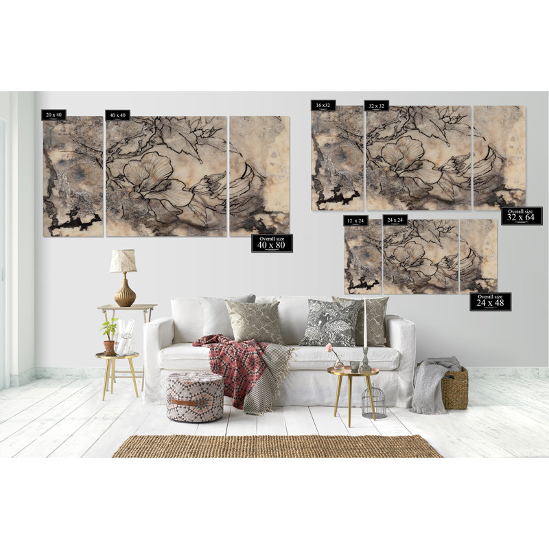 Tattooed Floral I 3-Piece Painting Print, 24" H x 48" W x 1.5" D