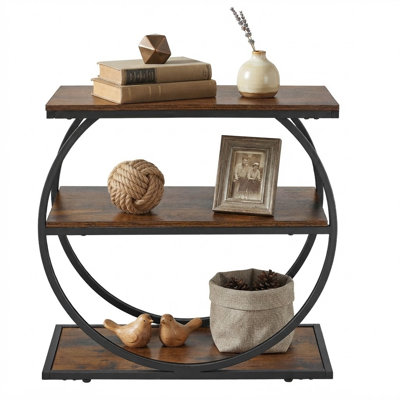 Table d'appoint à 3 niveaux avec structure métallique circulaire, style industriel moderne, faisant également office de table de chevet avec étagères de rangement ouvertes, couleur brun rustique.