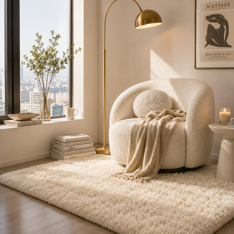 Ebern Designs Soft Fluffy Cream White Shag Area Rug for Living Room Bedroom Nursery Kids Room, Rectangle 5' x 7', Cream White