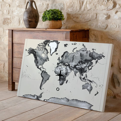 Toile, une carte du monde détaillée en monochrome mettant en valeur une vaste art mural de terre et d'océan
