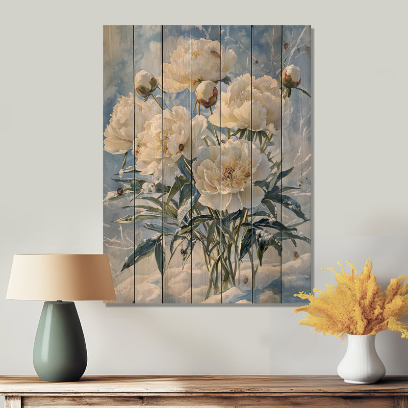 Frost embrassé pivoines II - pivoines, art mural en bois - sur bois de pin naturel, H 20 po x l 10 po x P 0,78 po
