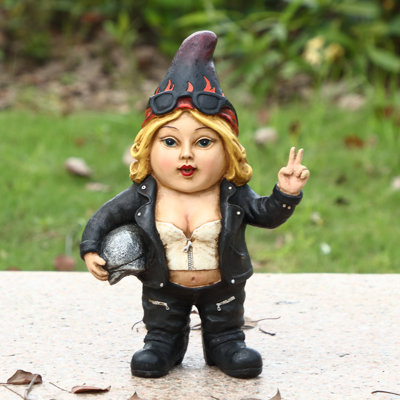 Statue de femme gnome motard avec casque