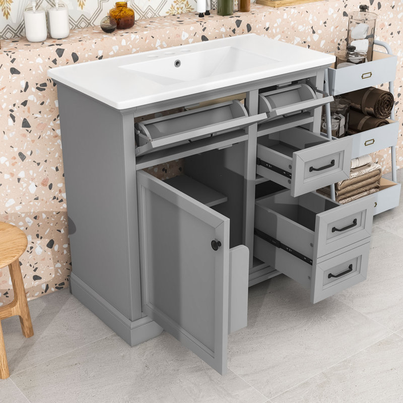 Meuble-lavabo avec lavabo en céramique, 4 tiroirs et tablette réglable