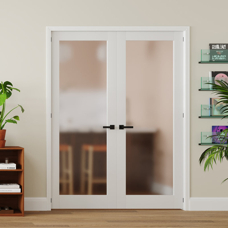 Porte intérieure française pré-suspendue double en verre givré de style moderne à 1 panneau, cadre réglable, bois massif et bois manufacturé blanc avec cadre et poignée