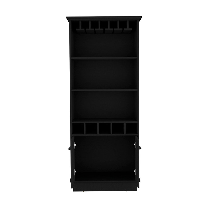 70"H Bar Cabinet With Wine Rack, Upper Glass Cabinet, Three Open Storage Shelves And One Cabinet, Black