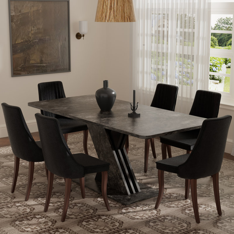 Ensemble de salle à manger rectangulaire à piédestal avec tissu en rayonne, Brun, 7, Beige