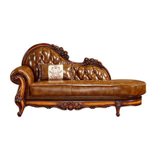 European Solid Wood Carved Leather Chaise Longue Leather Chaise Lounge
