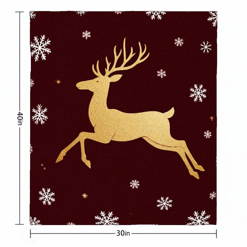 Couverture de flanelle de flocons de neige 1Pc Golden Reindeer, design de vacances élégant et chaleureux, jeté décoratif confortable pour canapé / lit / voyage 30 * 40
