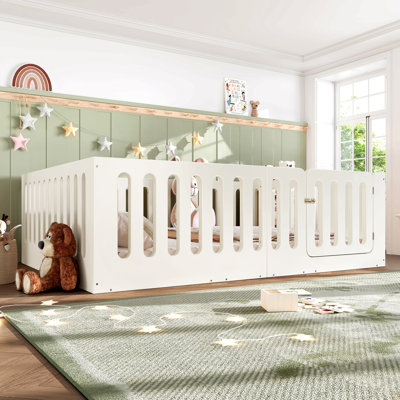 Queen Size Floor Bed with High Fence for Kids, Solid Wood Kids Montessori Bed with Door, low-profile and No Box Spring Needed Design, Beige