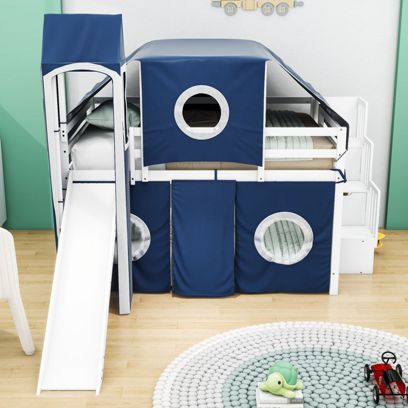 Jaleana Slat Loft Bed with Bookcase, Blue, Full