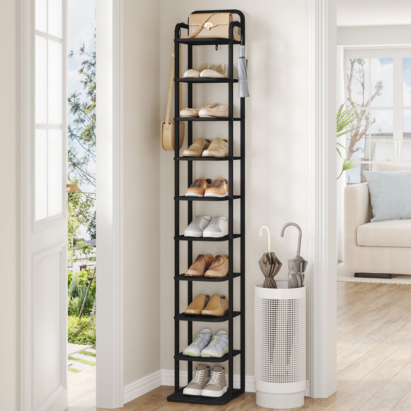 Vertical Shoe Rack, Shoe Shelves, Wood Shoe Organizer for Closet, Entryway, Shoe Tower for Small Spaces, Free Standing, Adjustable, with 2 Hooks, 10 Tier Black