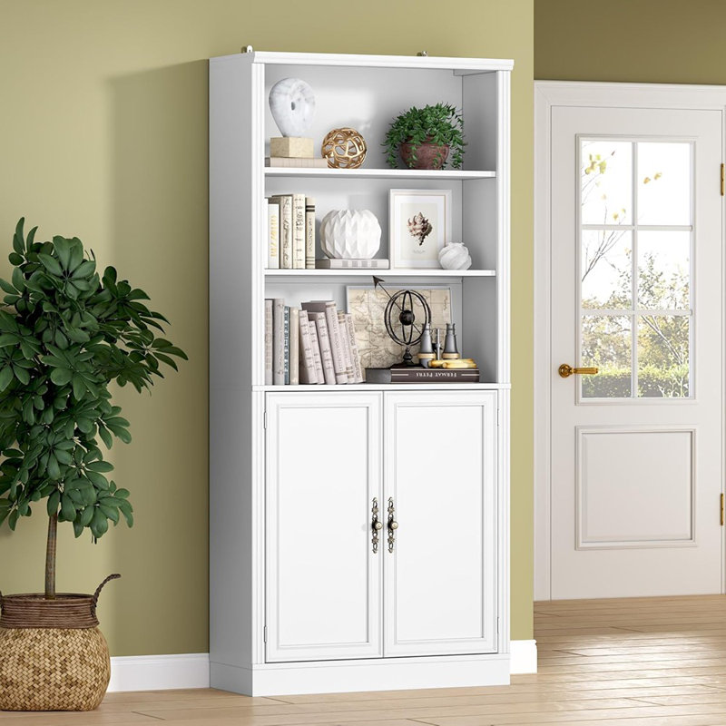 Haute bibliothèque à 5 niveaux avec armoire - 31,5 po de largeur | Bibliothèque sur pied avec portes et tablettes réglables | Poignées en métal | Rangement moderne pour la maison et le bureau