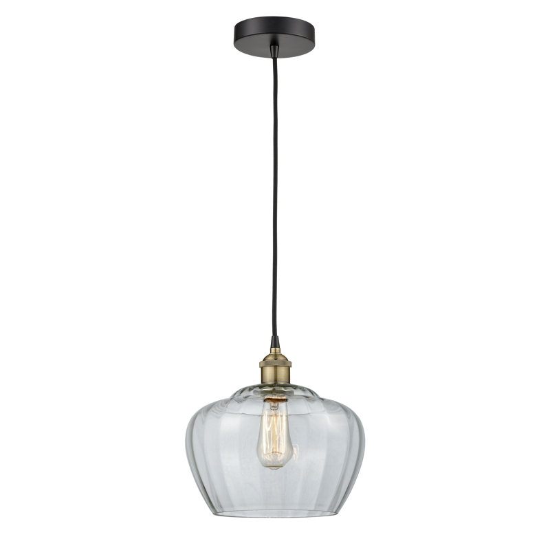 Luminaire suspendu simple à 1 lumière Noille, Transparent, Nickel satiné brossé, H 11,5 po x l 11 po x P 11 po