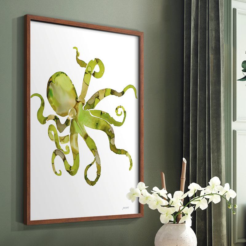 Octopus Framed Print - Solid Wood, Brown, 10" H x 8" W