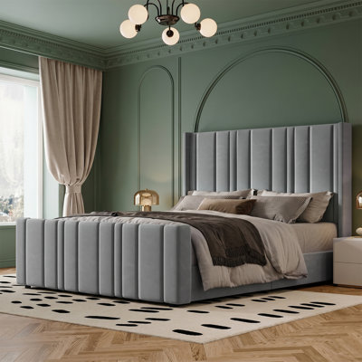 Soft Bed Frame with Vertical Channel Tufted Headboard & Footboard,Velvet Upholstered Bed Frame, Noise Free, No Box Spring Needed, Easy Assembly