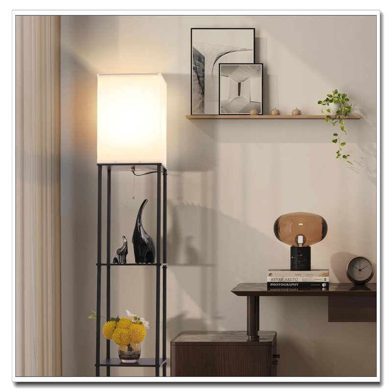 Black Floor Lamp With Shelves – Smart RGB LED, APP-Controlled Square Bookshelf Lamp For Living Room, Bedroom & Office, Black