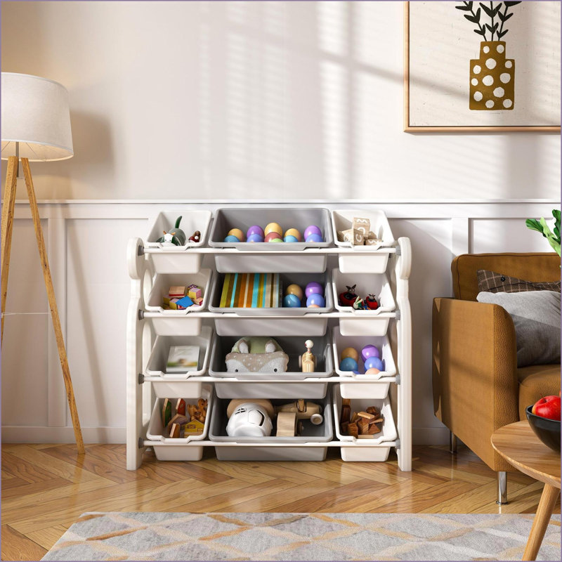 Organisateur de rangement pour jouets pour enfants avec 12 bacs, multifonctionnel | Gris clair et ivoire | Polyéthylène