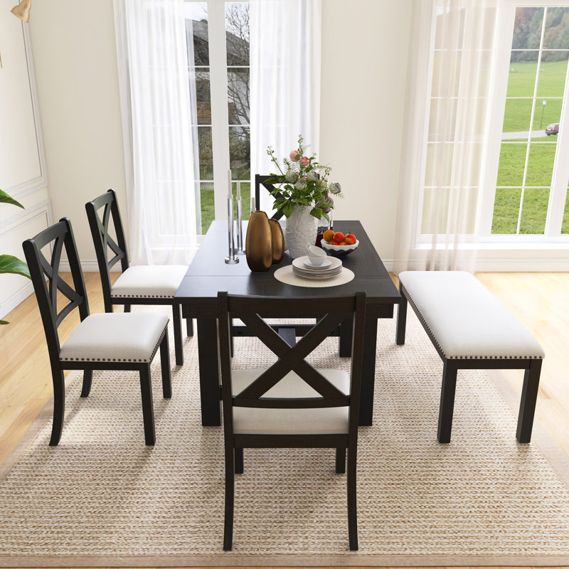 Ensemble de table de salle à manger 6 pièces à plateau en bois avec banc, Beige; noir, Noir