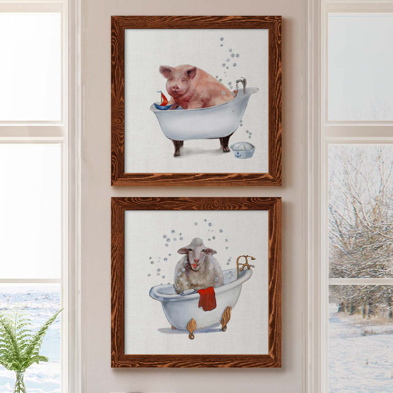 «Farm Tub Pig», ensemble de 2 peintures sur toile encadrées, Érable encadré, H 20 po x l 40 po x P 1,5 po