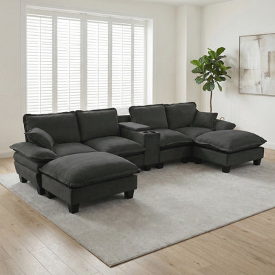 Modular Cloud Couch, U-Shape Sailboat Sofa with Cup Holders & Storage, USB Port, 2 Ottomans & 2 Pillows, Chenille for Apartment & Living Room, Black