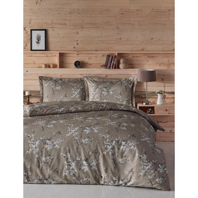 Housse de couette 100% coton double Ranforce, brun et blanc, housse de couette 78,7 po x 86,6 po | Drap plat 94,5 po x 102,4 po | Comprend 2 taies d'oreiller de 19,7 po x 27,6 po | Lavable à la machine, 145 fils, fermeture à boutons et enveloppes