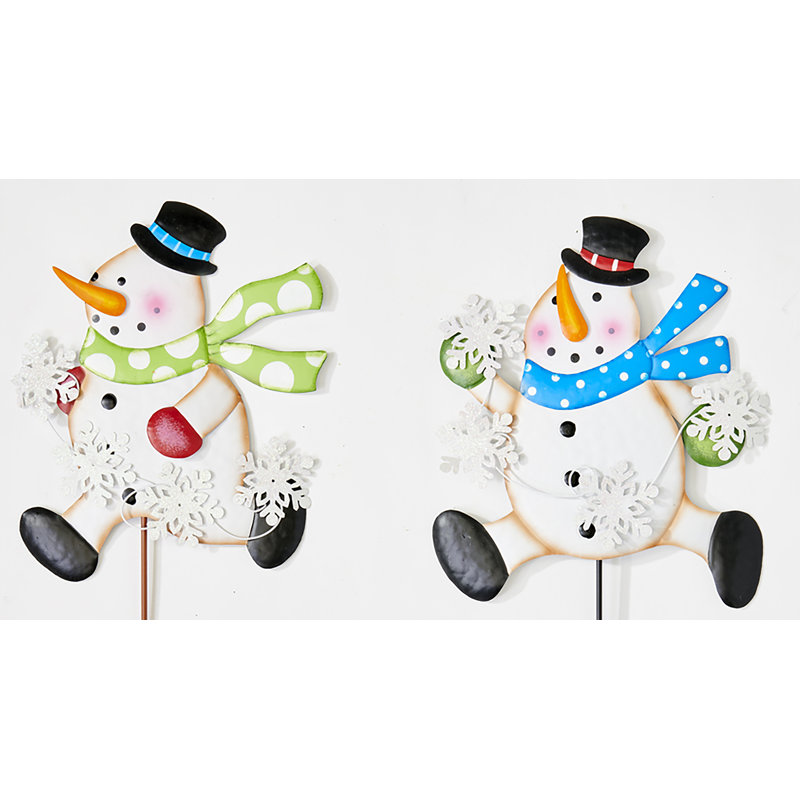 Bonhomme de neige de 34 po en métal avec piquet en forme de flocon de neige, ensemble de 2