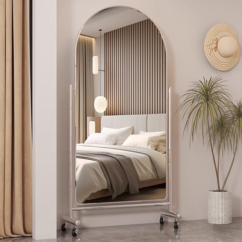 Modern Minimalist Stainless Steel Frame Mobile Arched Full-Length Mirror, 77.17” x 35.43”