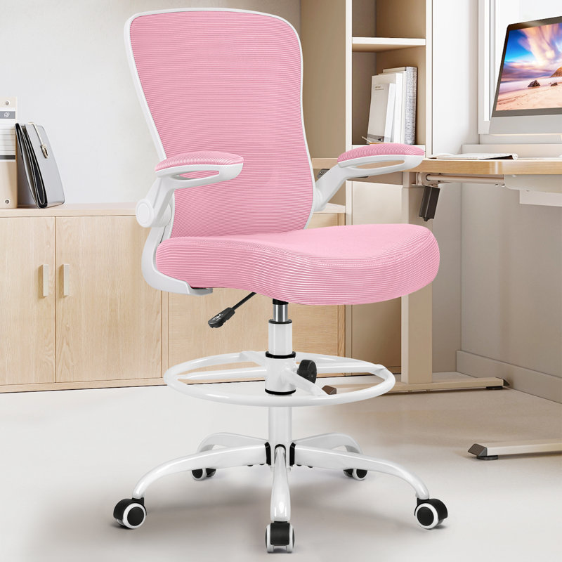Chaise de dessinateur en filet avec repose-pieds réglable et support lombaire , Blanc, Rose