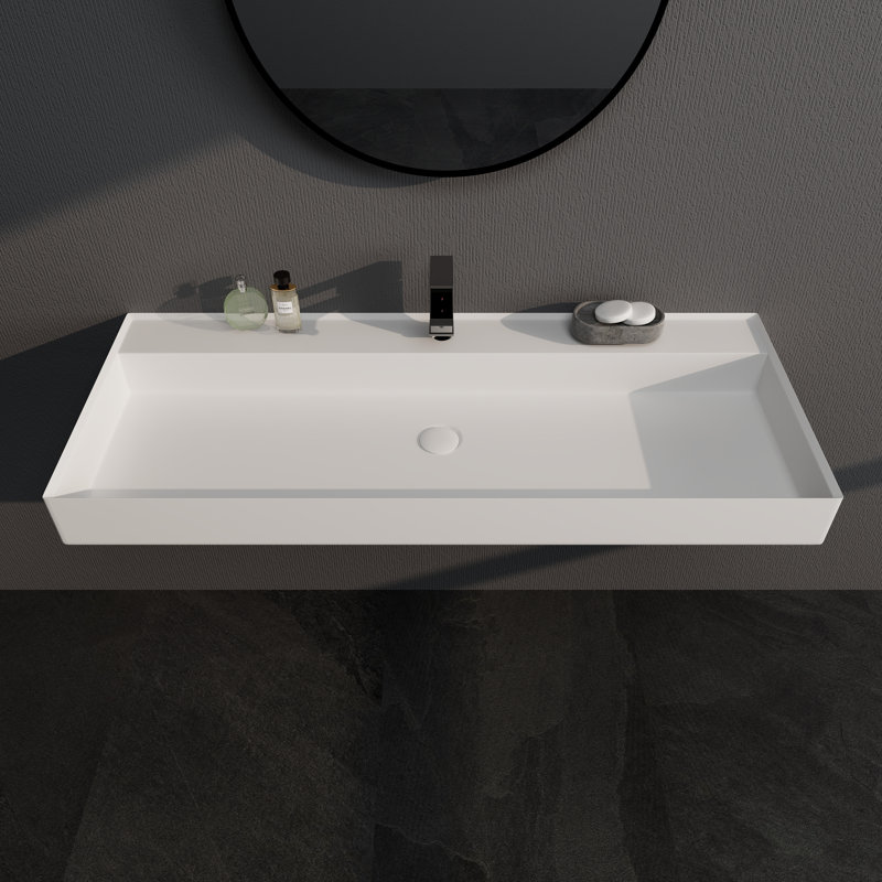 47'' Rectangular Stone Resin Bathroom Sink Wall-Mounted Vessel Sink With Faucet Hole