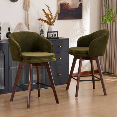 Allis Mid-Century Modern Chenille Fabric Counter Stools,Upholstered Swivel Barstools With Wood Legs,Counter Height Stools with Wingback,Footrest,For Kitchen Island Bar Counter,Green