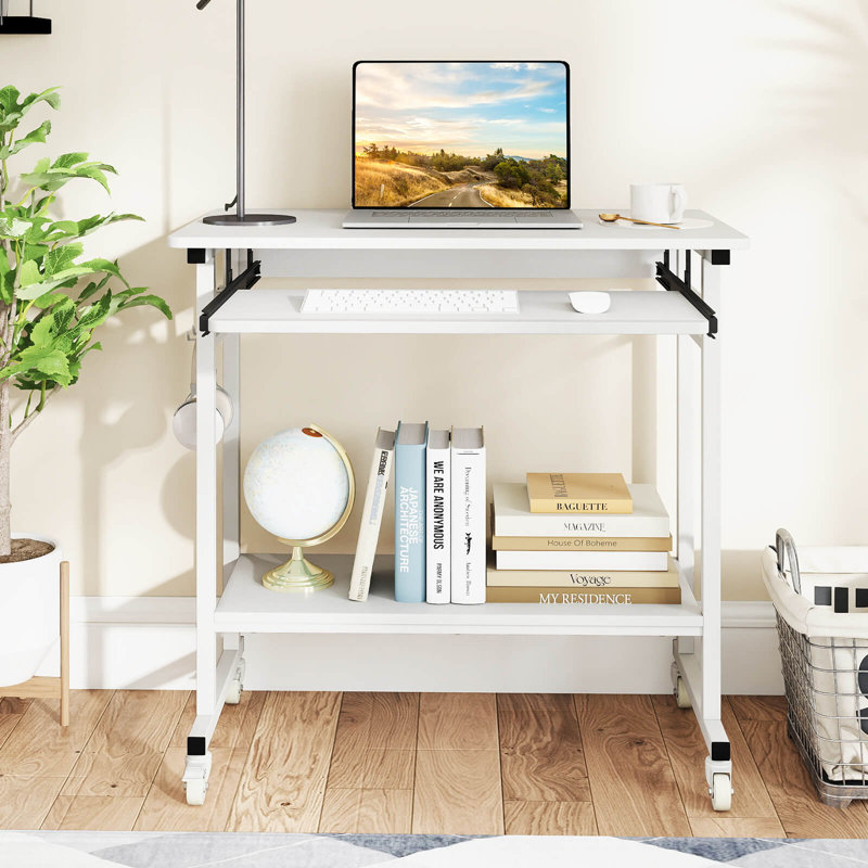 Bureau d'ordinateur portable mobile avec plateau à clavier, tablette inférieure, 3 crochets, 4 roues universelles blanches
