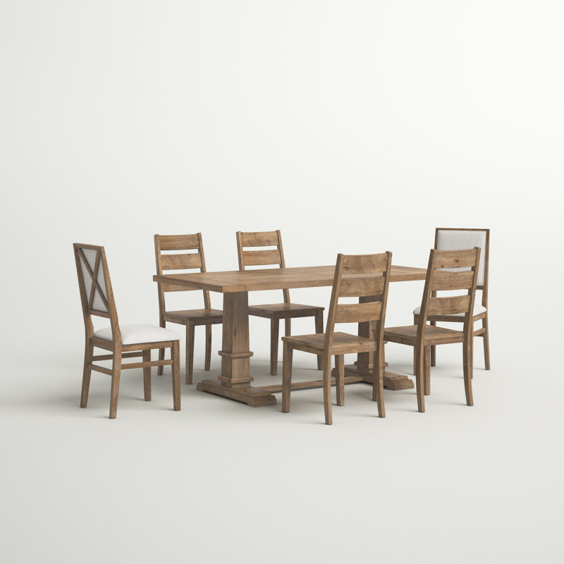 Table de salle à manger à tréteaux et chaises en bois Heymann, 7 pièces : table, 6 chaises, Tanné