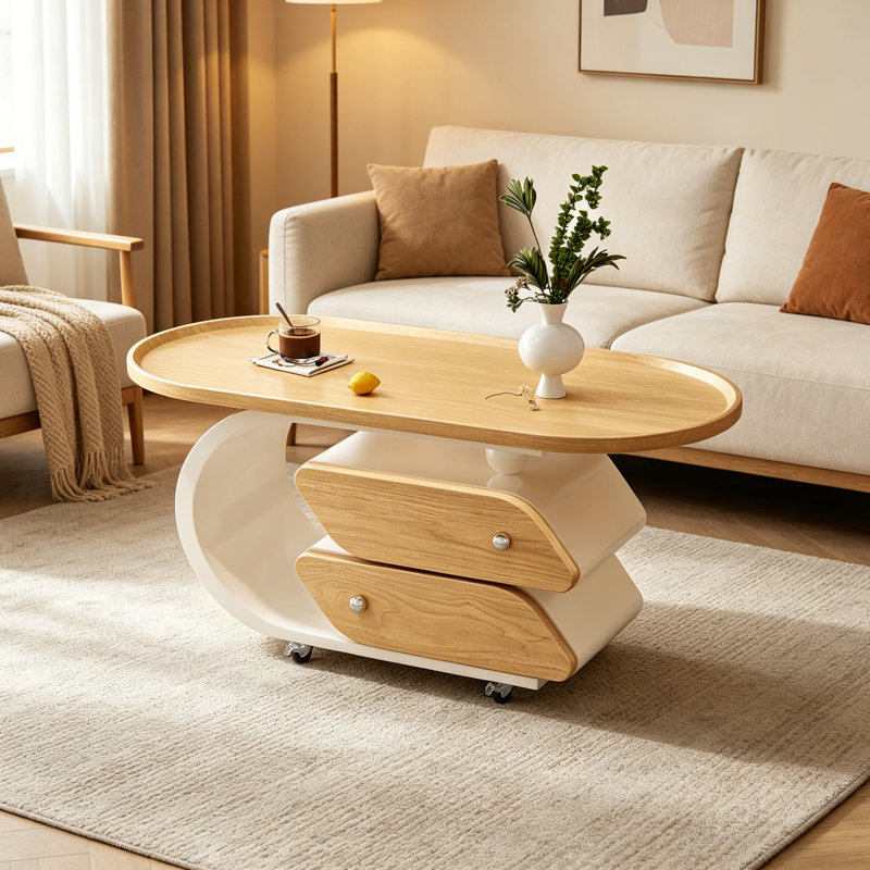 Table basse mobile moderne avec rangement à roulettes, 19.68" H x 31.49" W x 15.74" D, Naturel / Blanc